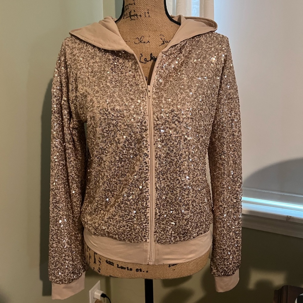 Rose Gold Sequin Zip-Up Hoodie by Blumin, Size Small, NWT